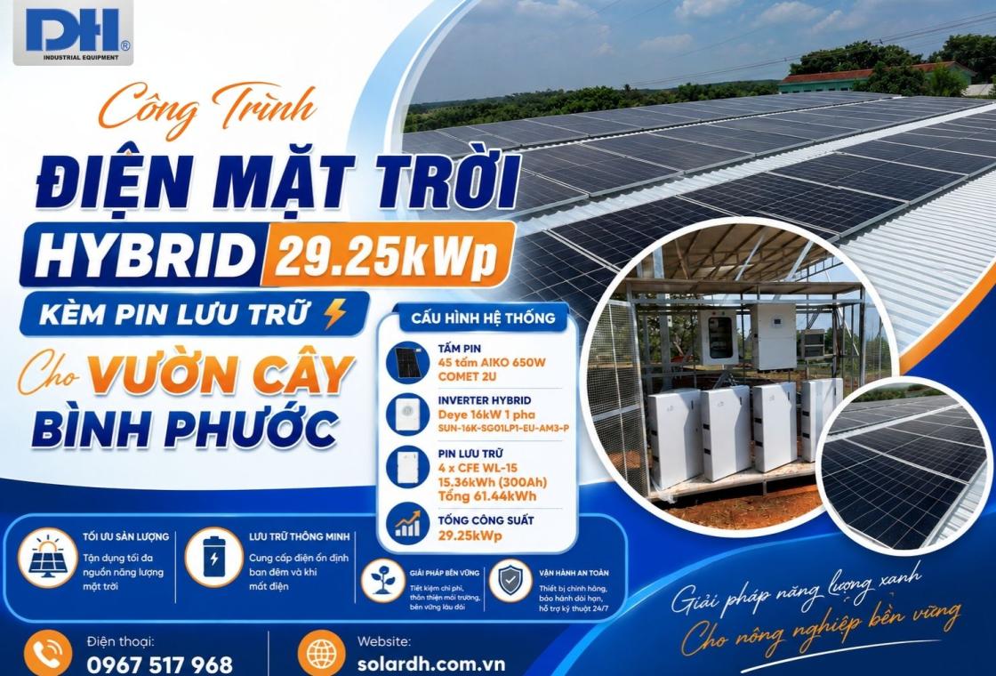 Điện Mặt Trời Hybrid 29.25kWp K&egrave;m Pin Lưu Trữ | Vườn C&acirc;y B&igrave;nh Phước