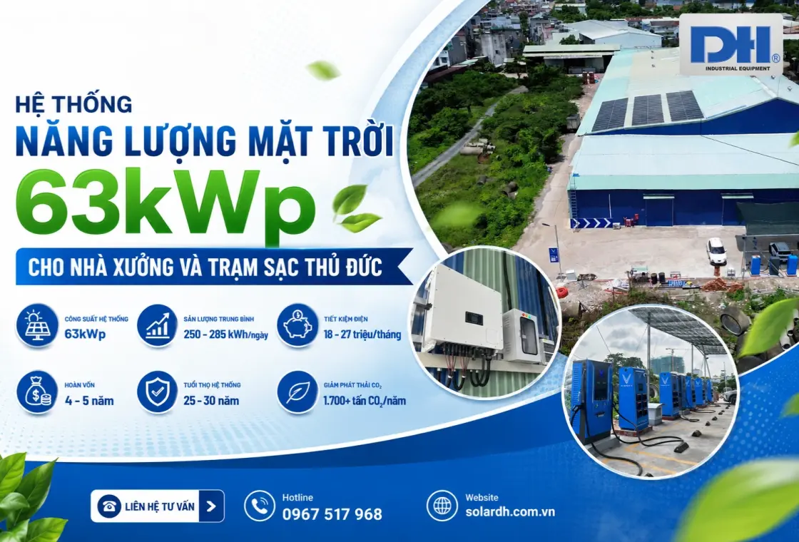 Hệ Thống Năng Lượng Mặt Trời 63kWp Cho Nh&agrave; Xưởng V&agrave; Trạm Sạc Thủ Đức