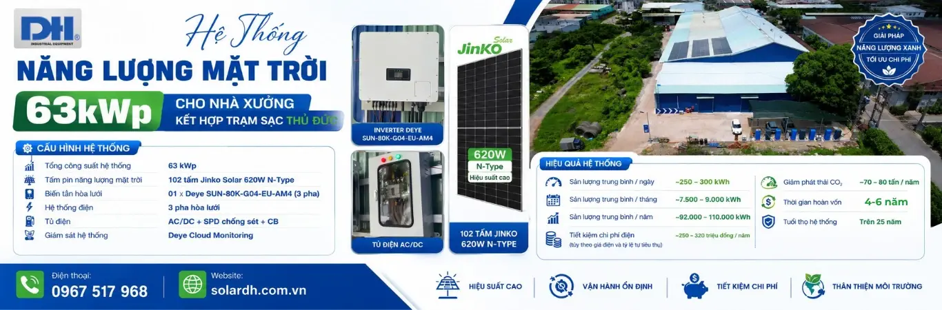 Hệ Thống Điện Mặt Trời 63kWp Cho Nh&agrave; Xưởng Kết Hợp Trạm Sạc