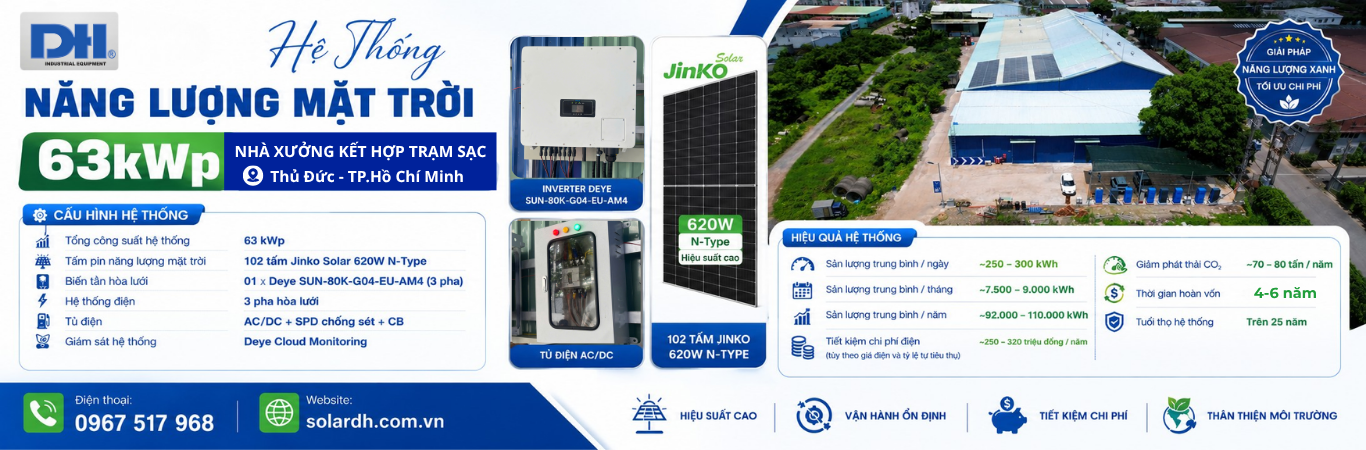 Hệ Thống Điện Mặt Trời 63kWp Cho Nh&agrave; Xưởng Kết Hợp Trạm Sạc