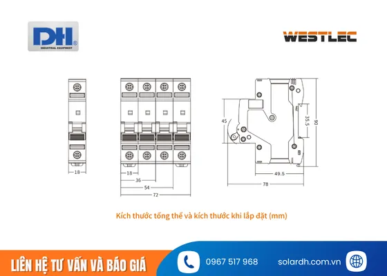 Kích thước tổng thể và kích thước khi lắp đặt (mm) MCB AC Westlec EKM1-125S 6kA