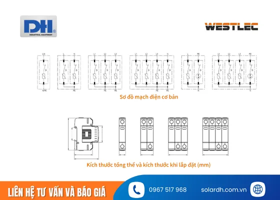 Sơ đồ mạch điện và kích thước lắp đặt thiết bị chống sét lan truyền Westlec