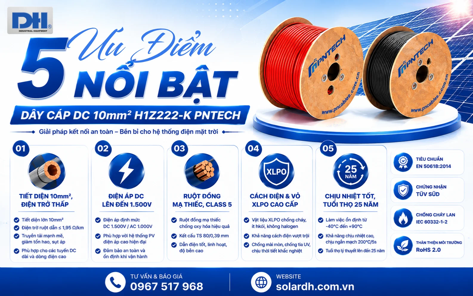 5 ưu điểm nổi bật dây cáp điện mặt trời DC 10mm² H1Z2Z2-K PNTECH
