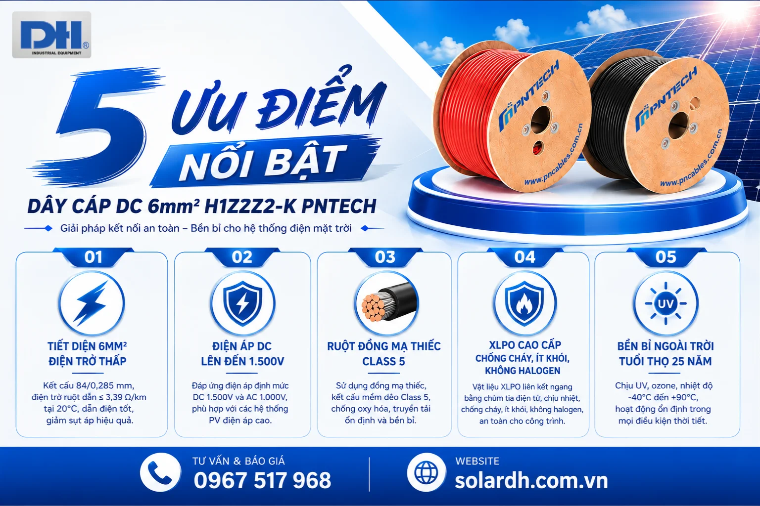 5 ưu điểm nổi bật Cáp điện mặt trời DC 6mm² H1Z2Z2-K PNTECH