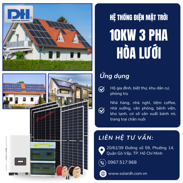 Ứng dụng hệ thống điện mặt trời 10kW hòa lưới 3 pha