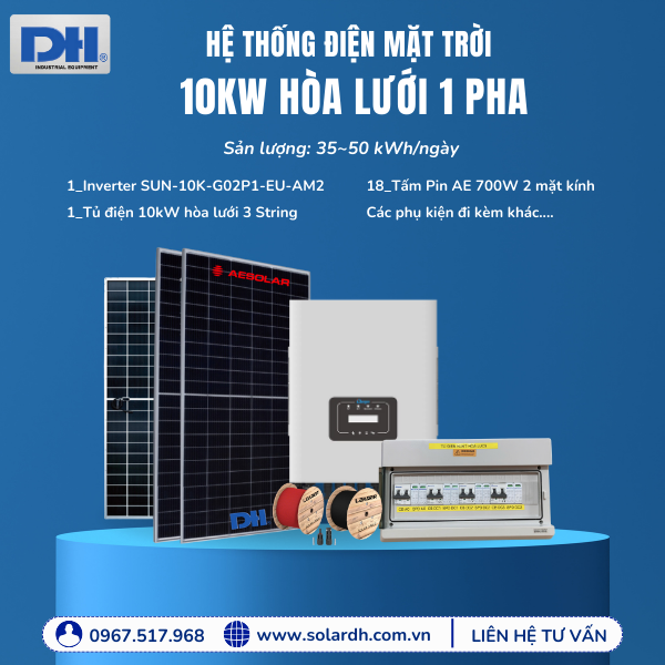 Hệ thống điện mặt trời 10kW hòa lưới 1 pha tạo ra sản lượng 35~50kwh/ngày