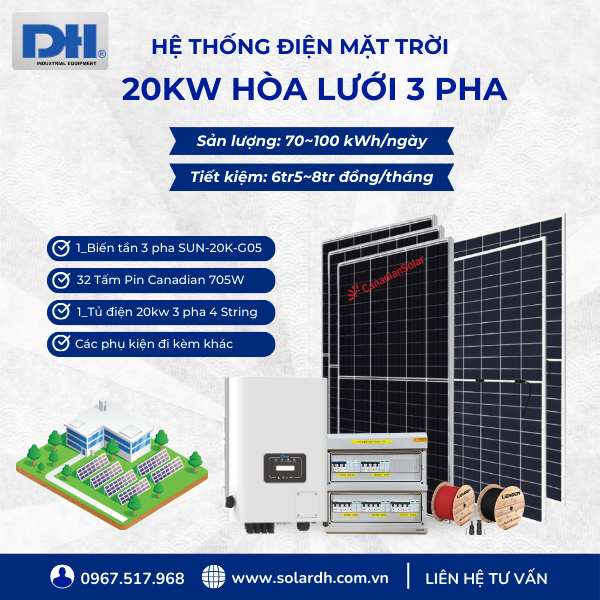 Hệ thống điện mặt trời 20kW hòa lưới 3 pha sản lượng 70~100kWh/ngày