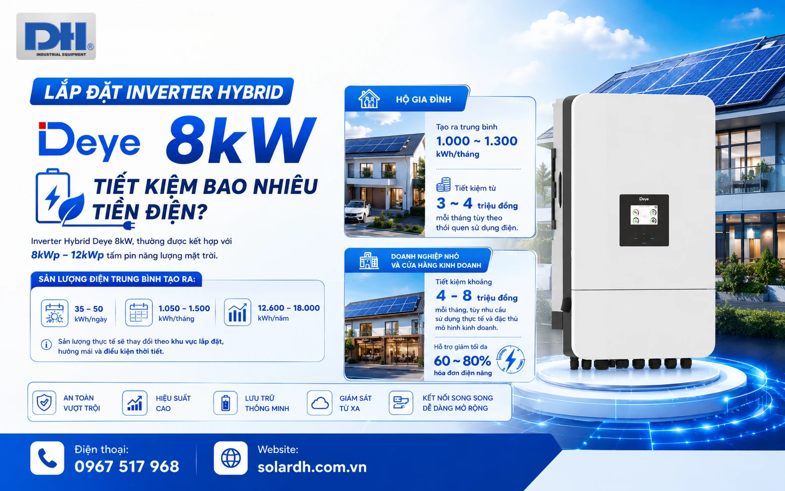 Inverter Hybrid 8kW Deye hỗ trợ giảm 60-80% hóa đơn điện