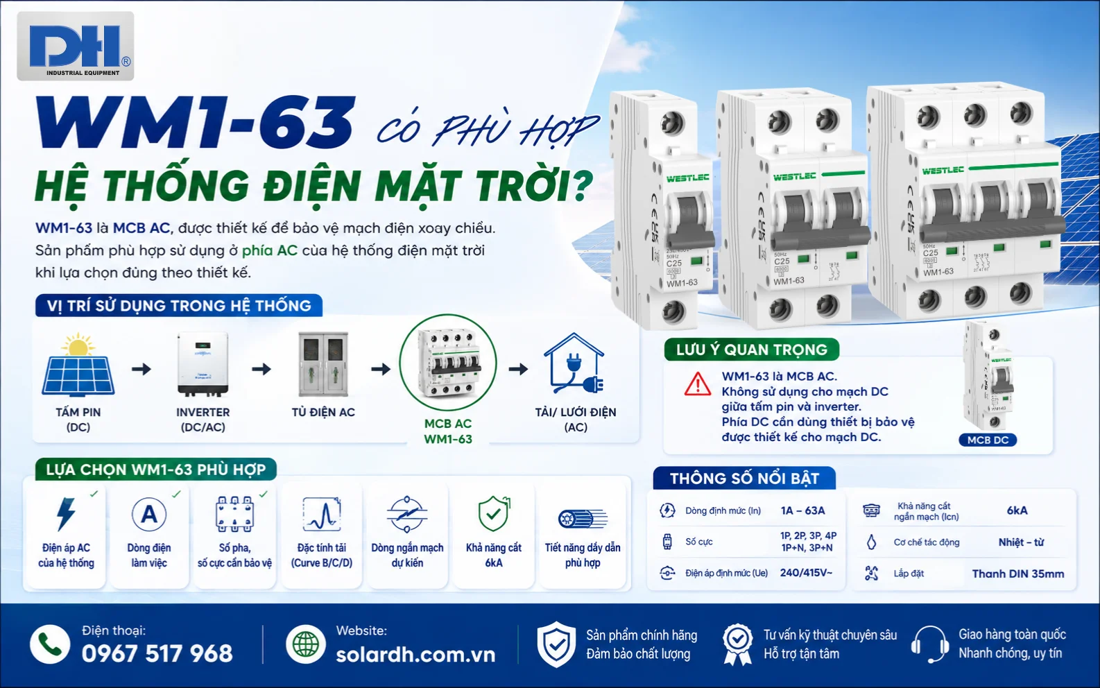 MCB AC Westlec WM1-63 bố trí bảo vệ trên tủ điện mặt trời