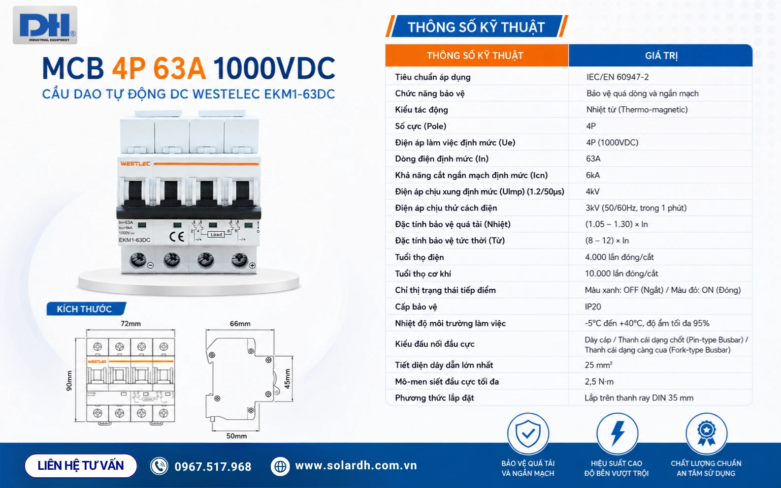 Thông số kỹ thuật MCB DC 4P 63A 1000V