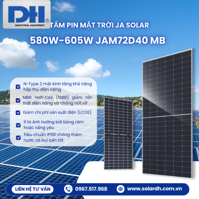 Tấm Pin JA Solar 580W-605W N-Type 2 Mặt Kính | JAM72D40 MB