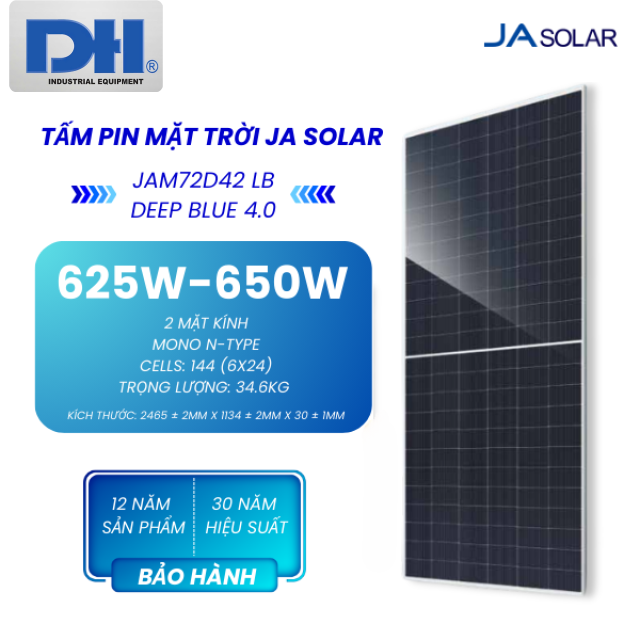 Tấm Pin JA Solar 625W-650W 2 Mặt Kính | JAM72D42 LB