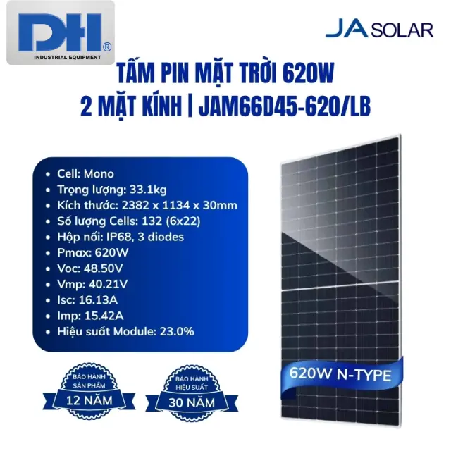 Tấm Pin Mặt Trời JA 620W 2 Mặt Kính | JAM66D45-620/LB