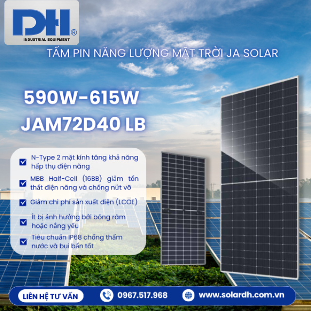 Tấm Pin Mặt Trời JA Solar 590W-615W N-Type 2 Mặt Kính | JAM72D40 LB