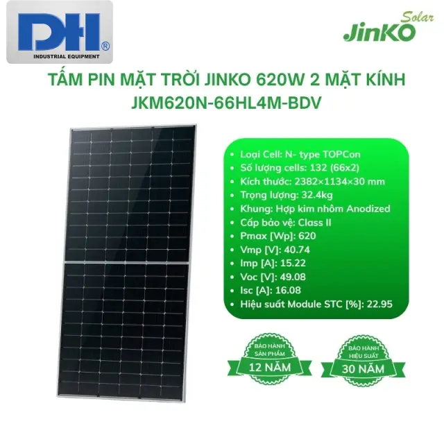 Tấm Pin Mặt Trời Jinko 620W 2 Mặt Kính N-Type | 66HL4M-BDV