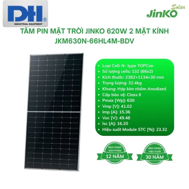 Tấm Pin Mặt Trời Jinko 630W 2 Mặt Kính N-Type | 66HL4M-BDV