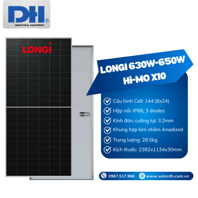 Tấm Pin năng lượng mặt trời LONGI 640W Hi-MO X10 LR7-72HVH-640M